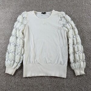 Alfani Sweater Womens Medium White Crew Neck Sequin Fringe Puff Sleeve Knit